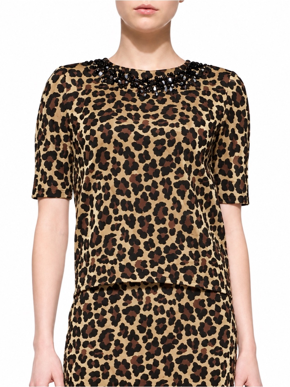 St. John Collection Women’s Sz 8 Leopard Knit Caviar Top Beaded Metallic $895